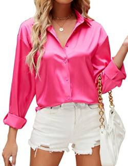 HANERDUN Damen Bluse Langarmshirt V-Ausschnitt Hemd Die Seide Elegant Lässige Oberteile Knopfleiste Arbeit Einfarbig Hemdbluse(ROSE_2XL) von HANERDUN