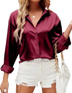 HANERDUN Damen Bluse Langarmshirt V-Ausschnitt Hemd Die Seide Elegant Lässige Oberteile Knopfleiste Arbeit Einfarbig Hemdbluse(WINERED_XL) von HANERDUN