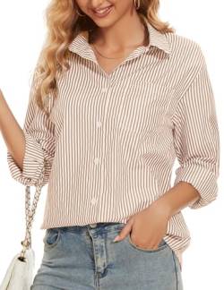 HANERDUN Damen Gestreiftes Hemd Knopfleiste Langarm Bluse Baumwolle Tops V-Ausschnitt Oberteile enthält Taschen Geeignet für Frühling und Herbst von HANERDUN