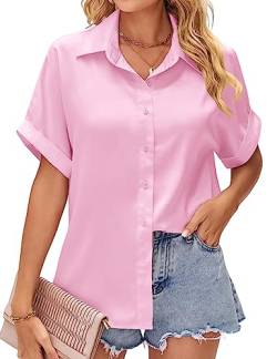 HANERDUN Damen Hemd Freizeit Bluse Kurzarmshirt Elegant Hemdbluse zum Knöpfen V-Ausschnitt Casual Arbeit Shirt von HANERDUN