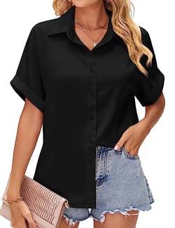 HANERDUN Damen Hemd Freizeit Bluse Kurzarmshirt Elegant Hemdbluse zum Knöpfen V-Ausschnitt Casual Arbeit Shirt von HANERDUN