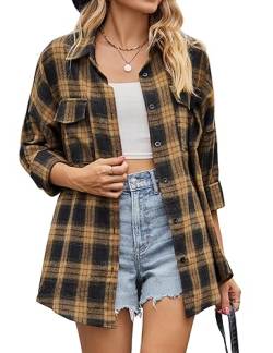 HANERDUN Damen Kariertes Bluse Langarm Flanell Karohemd Casual Button-down Hemdbluse für Frühling und Herbst von HANERDUN