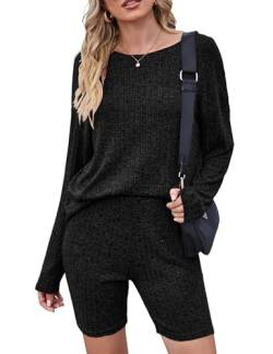 HANERDUN Damen Langarm Hausanzug Schlafanzug Pyjama Set für Herbst und Winter Nachtwäsche, (SCHWARZ,M) von HANERDUN