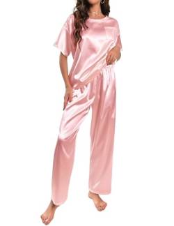HANERDUN Damen Satin Pyjamas Set Kurzarm Hose Schlafanzug Zweiteiliger Pjs Sets Hausanzug(HELL-PINK,S) von HANERDUN