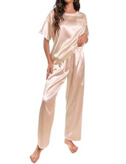 HANERDUN Damen Satin Pyjamas Set Kurzarm Hose Schlafanzug Zweiteiliger Pjs Sets Hausanzug(Khaki,M) von HANERDUN