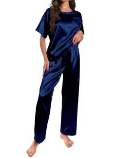 HANERDUN Damen Satin Pyjamas Set Kurzarm Hose Schlafanzug Zweiteiliger Pjs Sets Hausanzug(Navy BLAU,L) von HANERDUN