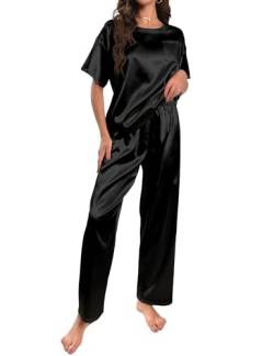 HANERDUN Damen Satin Pyjamas Set Kurzarm Hose Schlafanzug Zweiteiliger Pjs Sets Hausanzug(SCHWARZ,M) von HANERDUN