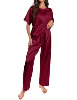 HANERDUN Damen Satin Pyjamas Set Kurzarm Hose Schlafanzug Zweiteiliger Pjs Sets Hausanzug(WEINROT,M) von HANERDUN