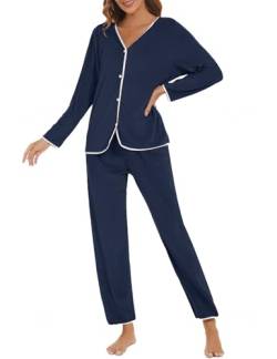 HANERDUN Damen Schlafanzug Lang Herbst Winter Velours Pyjama Set Hausanzug Zweiteiliger V-Ausschnitt Nachtwäsche mit Knopfleiste(NAVYBLUE,L) von HANERDUN