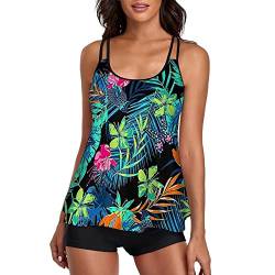 HANERDUN Damen Tankini Badeanzug Zweiteiler Bauchweg Badebekleidung mit Verstellbare Träger Bademode Tank Top mit Padded & Shorts für Urlaub von HANERDUN