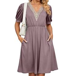 HANERDUN Kleider Damen Boho Kurzarm Sommerkleid Hohe Taille Freizeitkleid mit V-Ausschnitt von HANERDUN