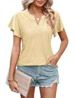 HANERDUN T-Shirt Kurzarm Damen Skelett Oberteile Sommer V Ausschnitt Lässig Blusen mit Rüschenärmeln von HANERDUN