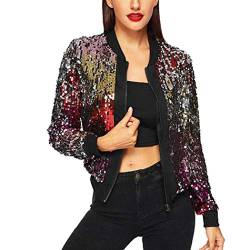 Damen Blouson Pailletten Bomberjacke Fliegerjacke Bikerjacke Kurzjacke Herbst Frühling Outwear von HANMAX