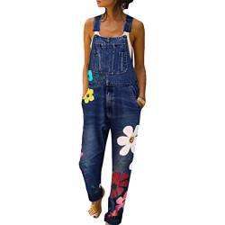 HANMAX Damen Denim Jeans Latzhose Langer Overall Blumen Jeansoptik Klasse Vintage Jeans Lang Lässig Baggy Boyfriend Stylisch Jumpsuit Hüftjeans von HANMAX