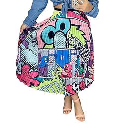 HANMAX Damen Graffiti-Rock mit Faltenrock Cartoon-Druck Elastischer Taille A-Linie Swing Midirock von HANMAX