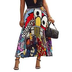 HANMAX Damen Graffiti-Rock mit Faltenrock Cartoon-Druck Elastischer Taille A-Linie Swing Midirock von HANMAX