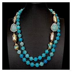 HAODUOO Halskette, 2 Reihen, blauer facettierter Achat, Türkis, kultivierte weiße Biwa-Perle, Kristall, modischer Damenschmuck von HAODUOO