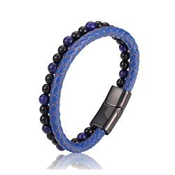 HAODUOO Perlenarmband Naturstein Echtes Leder Edelstahl Verschluss Armreif for Männer Frauen Charm Manschettenschmuck (Color : A Blue, Size : 18.5cm) von HAODUOO