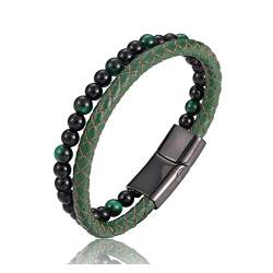 HAODUOO Perlenarmband Naturstein Echtes Leder Edelstahl Verschluss Armreif for Männer Frauen Charm Manschettenschmuck (Color : A Green, Size : 20.5cm) von HAODUOO