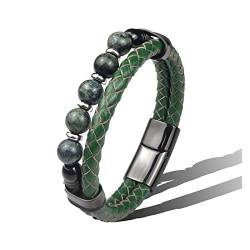 HAODUOO Rotes natürliches rundes Chakra-Perlenstein-Herrenarmband, klassisches rotes Echtleder-Edelstahl-Armband for Damen, Modeschmuck (Color : B-green Beads, Size : 22cm) von HAODUOO