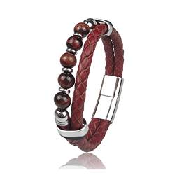 HAODUOO Rotes natürliches rundes Chakra-Perlenstein-Herrenarmband, klassisches rotes Echtleder-Edelstahl-Armband for Damen, Modeschmuck (Color : S-red Beads, Size : 22cm) von HAODUOO
