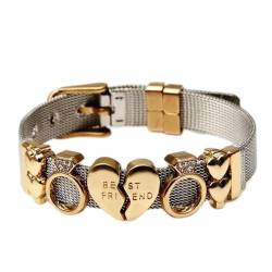 HAODUOO Zweifarbige Edelstahl-Mesh-Armbänder for Damen und Herren, goldene Liebesherz-Perlen, 10 mm Band-Mesh-Armband, Armreif, Geschenke von HAODUOO