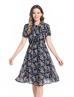 HAOKEKE Damen Arbeitskleid, schick, elegant, Kirchenkleid, lässiges Kleid, Bedruckt, aus Stoff, langärmlig, Paar mit Faltenrock, Navy Blue Flower, XXL von HAOKEKE