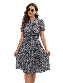 HAOKEKE Damen Sommerkleid mit kurzen Ärmeln Chiffon Kleid Retro Plissee Hemdkleid ideal für Party Arbeit Freizeit Kirche Zeit Treffen Cocktail etc von HAOKEKE