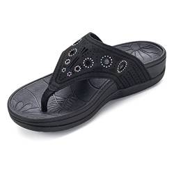 HHAOLIRA Flip Flops Damen Sommer Zehentrenner mit Arch Support Orthopädische Frauen Rutschfest Bequeme Glitter Garten Badelatschen(WM2 Schwarz 38) von HAOLIRA