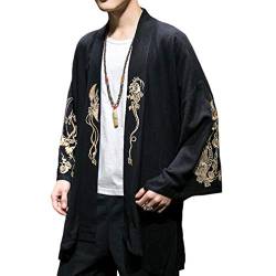 HAORUN Stickerei Drache Herren Japanischer Mantel Kimono Top Outwear Baumwolle Retro Lose Casual, Schwarz , L von HAORUN