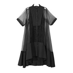 Damen Kleider Grün Schwarz Organza Irregulär Übergröße Shirt Kleid Stehkragen Halbarm Lose Mode Frühling Sommer von HAPPECA