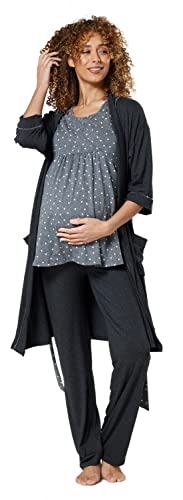 HAPPY MAMA Damen Mutterschaft Pyjama-Set/Hose/Top/Morgenmantel 558p (Graphitmelange & Graphitmelange mit Punkten, 46, 3XL) von HAPPY MAMA