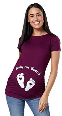 HAPPY MAMA Damen Umstands Oberteil T-Shirt Babyfüßchen Baby on Board Druck. 199p (Pflaume, 36-38, M) von HAPPY MAMA