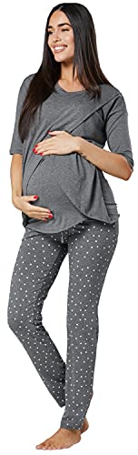 HAPPY MAMA Damen Umstands Pyjama Stillfunktion Halbe Ärmel Frequenzweiche 1021 (Graphit Melange & Graphit mit Punkten, 38-40, M) von HAPPY MAMA