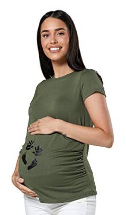 HAPPY MAMA. Damen Baby Hände Fußabdruck T-Shirt Top Oberteil Schwangere. 013p (Khaki, EU 44/46, 2XL) von HAPPY MAMA