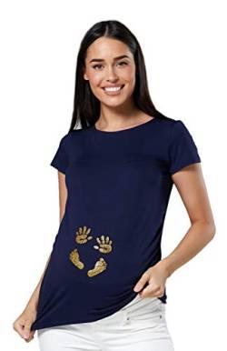 HAPPY MAMA. Damen Baby Hände Fußabdruck T-Shirt Top Oberteil Schwangere. 013p (Marine, EU 36/38, S) von HAPPY MAMA