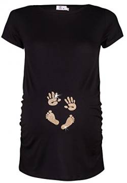 HAPPY MAMA. Damen Baby Hände Fußabdruck T-Shirt Top Oberteil Schwangere. 013p (Schwarz & Gold, EU 38/40, M) von HAPPY MAMA
