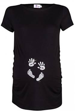 HAPPY MAMA. Damen Baby Hände Fußabdruck T-Shirt Top Oberteil Schwangere. 013p (Schwarz & Silber, EU 42/44, XL) von HAPPY MAMA