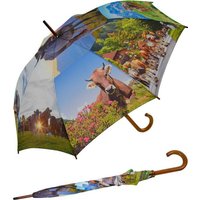 HAPPY RAIN Langregenschirm großer Regenschirm mit Handöffner für Damen, mit Holzgriff und Alpenkuh-Motiv von HAPPY RAIN