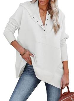 HAPPY SAILED Damen Pullover Oversized Hoodie Kapuzenpullover Sweatshirt Hooded Tops Mit Knopf Weiß, XL von HAPPY SAILED