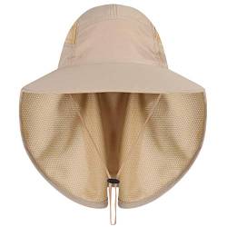 HAPPYPOP Damen Herren Unisex UV Schutz Sonnenhut mit Nackenschutz 12cm Großer Brim Outdoor Aktivitäten - für Kopfumfang 56-62cm (Khaki) von HAPPYPOP