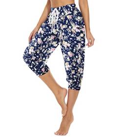 HAPYWER Haremshose Damen Kurz Baumwolle Yogahose High Waist Capri Sommerhose Jogginghose Pumphose Aladinhose Weit Bund für Pilates Yoga S-2XL(Flower03,L) von HAPYWER