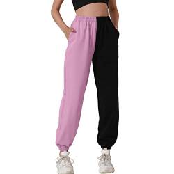 HAPYWER Jogginghose Damen Baumwolle Lang Freizeithosen High Waist Lässige Loose Sweathose mit Taschen Trainingshose Oversize Sporthose Zweifarbig Sommerhose Casual Mode(Rosa,2X) von HAPYWER