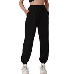 HAPYWER Jogginghose Damen Baumwolle Lang Freizeithosen High Waist Lässige Loose Sweathose mit Taschen Trainingshose Oversize Sporthose Zweifarbig Sommerhose Casual Mode(Schwarz,L) von HAPYWER