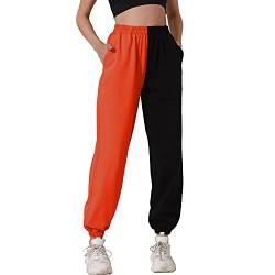 HAPYWER Jogginghose Damen Baumwolle Lang Freizeithosen High Waist Lässige Loose Sweathose mit Taschen Trainingshose Übergröße Sporthose Zweifarbig Sommerhose Casual Mode(A-Ziegelrot,XS) von HAPYWER