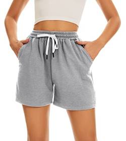 HAPYWER Kurze Hosen Damen Sommer Sport Shorts Baumwolle Sporthose Kurz mit Taschen Badeshorts Locker High Waist Bermuda Shorts S-XXL(Hellgrau,XL) von HAPYWER