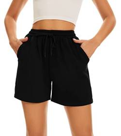 HAPYWER Kurze Hosen Damen Sommer Sport Shorts Baumwolle Sporthose Kurz mit Taschen Badeshorts Locker High Waist Bermuda Shorts S-XXL(Schwarz,M) von HAPYWER