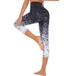 HAPYWER Yoga Leggings Damen High Waist Yogahose Bunt Gym Sport Leggings Tummy Control Running Workout - Stretch Kompressionshose mit Aufdruck für Frauen(7/8 Bambusblatt,XL) von HAPYWER
