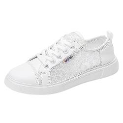 HAQUOS Freizeitschuhe Damen Spitze Bestickte Sneaker Plattform Schuhe Atmungsaktiv Sportschuhe Elegante Frauen Schnürhalbschuhe Laufschuhe Leicht Stoffschuhe Flache Walkingschuhe (White, 40) von HAQUOS