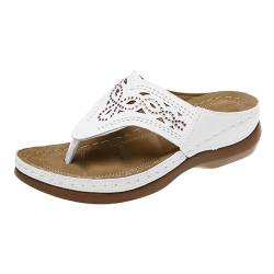 Orthopädische Pantolette Damen, Komfort Boho Strand Leicht Pantoffeln Flip Flops Rutschfest Lässige Slip On Walking Mode Badelatschen Zehentrenner Fußbett PU-Leder Elegant Freizeit Sportsandalen von HAQUOS